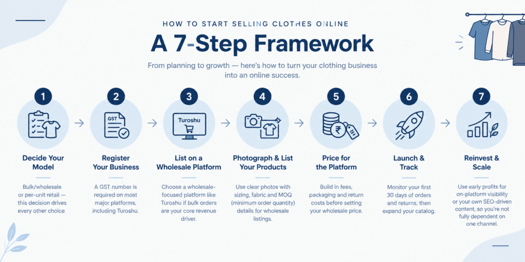 Seven-step process flow for launching a clothing brand online